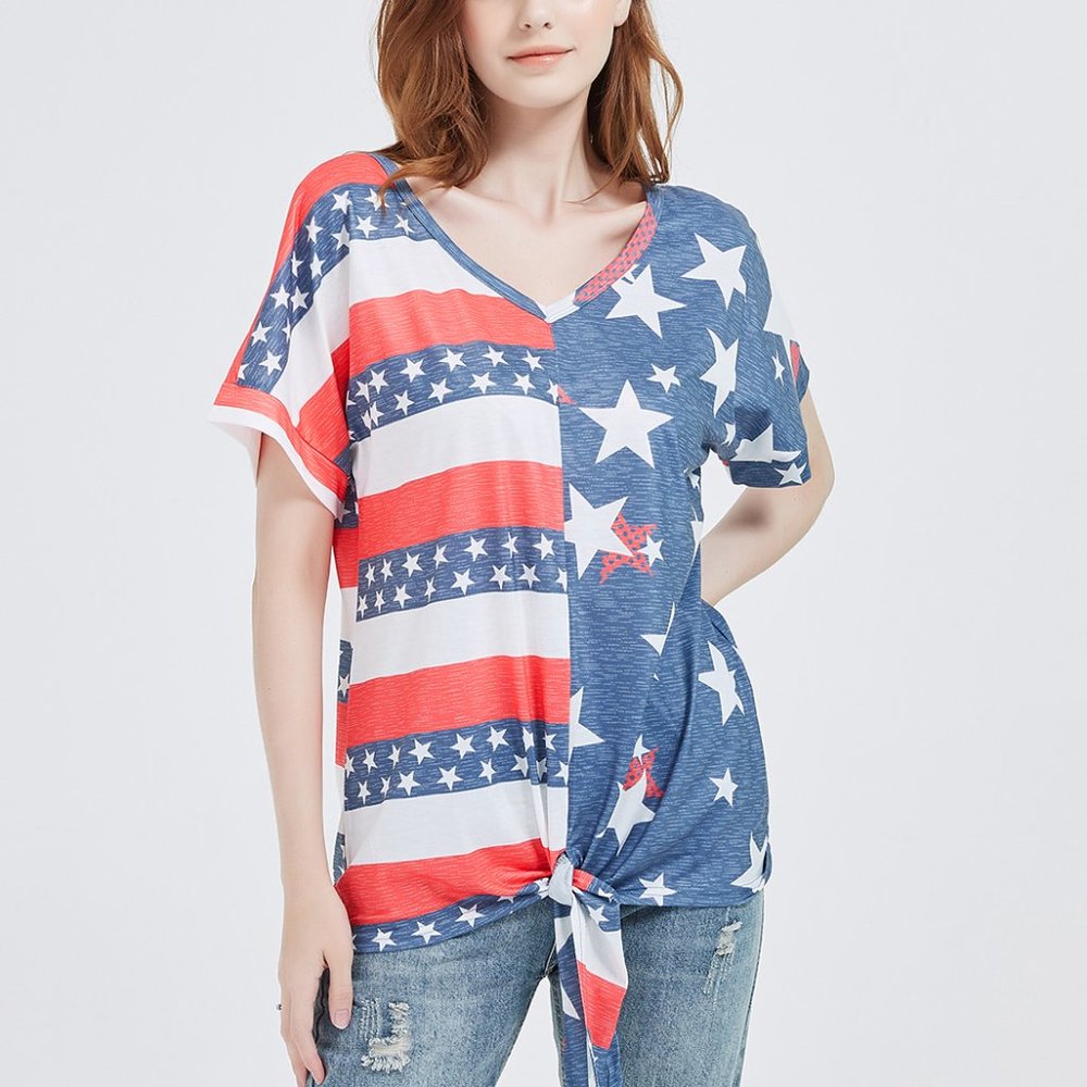 V Neck Flag Print Tie Front